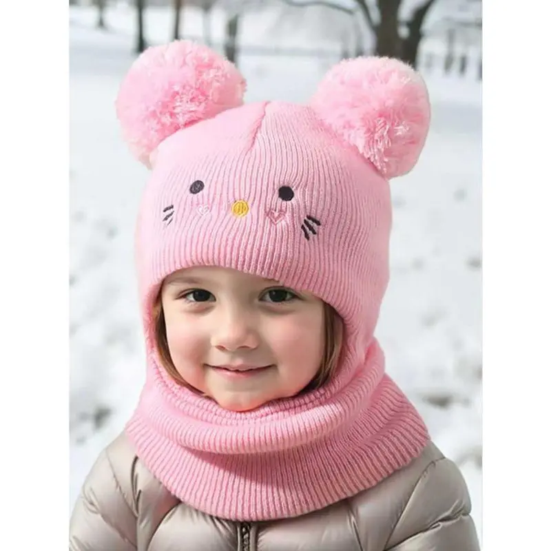 Stylish Embroidered Cat Knitted Hat, Warm Winter Outdoor Hat with Pom-Poms, Suitable for Casual Everyday Wear and Commuting, Stylish Hat