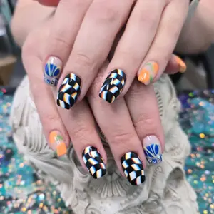 milo.nail&care Retro Orange Check Press-On Nails, Blue Citrus Pop Art Detail, Wavy Optical Illusion Pattern, Indie 90s Inspired Handmade Glossy Almond Nail Set, Funky Summer Streetwear Aesthetic