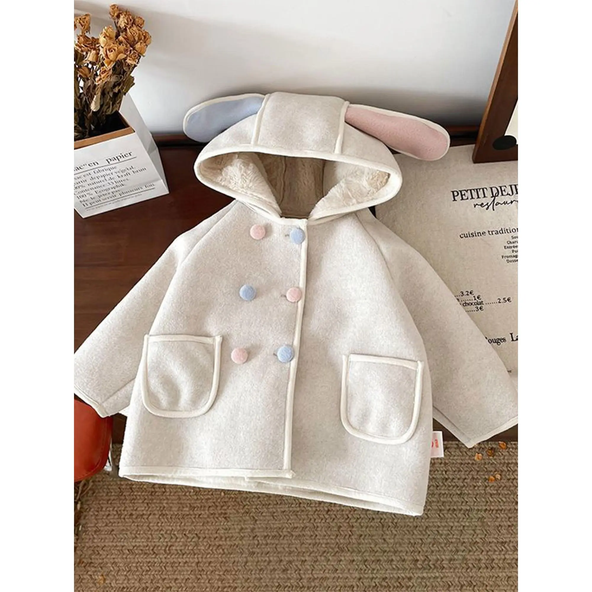 Girls' Winter Hooded Coat with Plush Buttons Thickened Jacket for 7/8 Years 10-12 & Teen Girls Warm Outerwear Light Gray Winter Coat