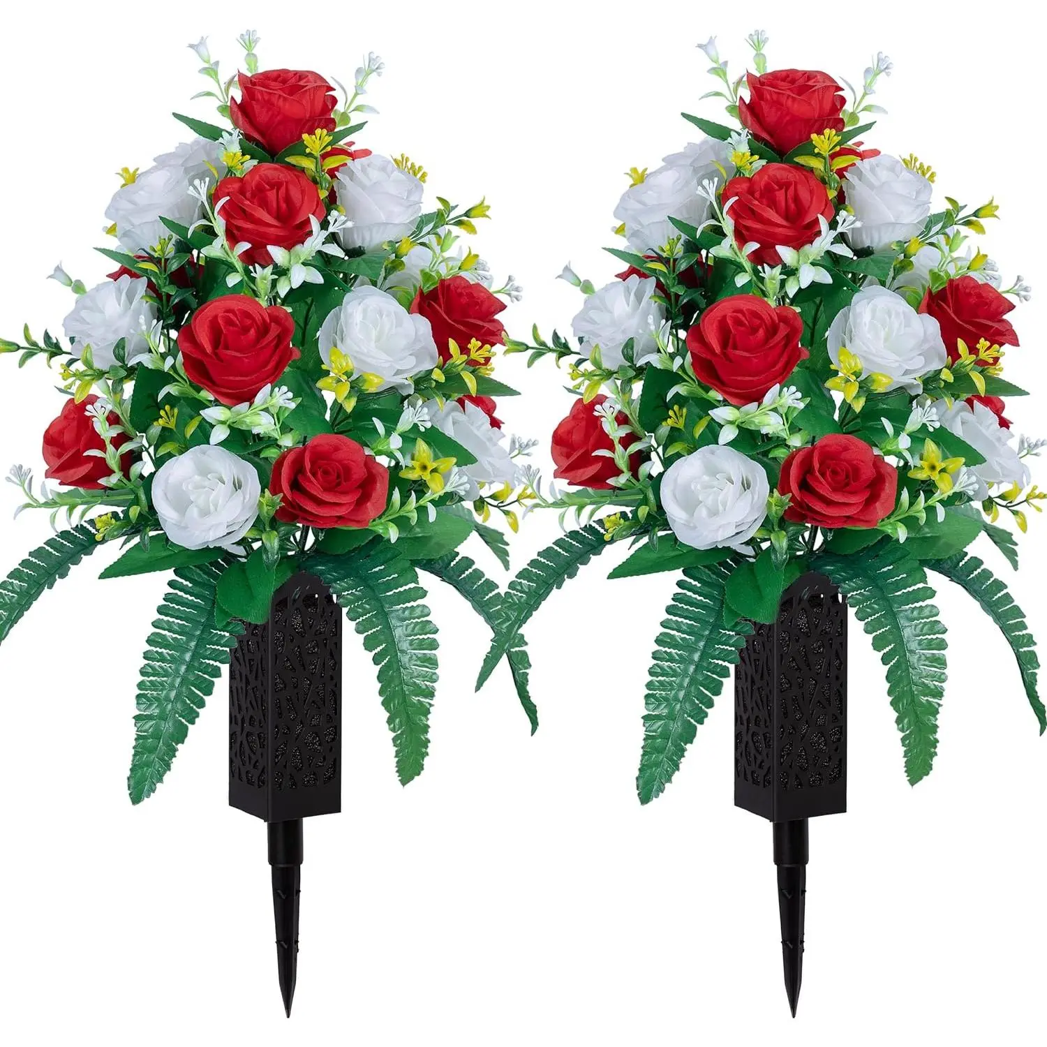 2 Sets of Artificial Cemetery , Outdoor Grave Decorations Roses,Accompanied by 2 Long  Vases,Lasting and Non-Bleed Colors. (18 Heads (red+White))