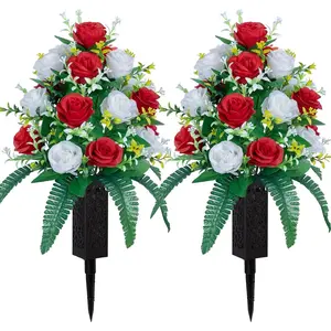 2 Sets of Artificial Cemetery , Outdoor Grave Decorations Roses,Accompanied by 2 Long  Vases,Lasting and Non-Bleed Colors. (18 Heads (red+White))