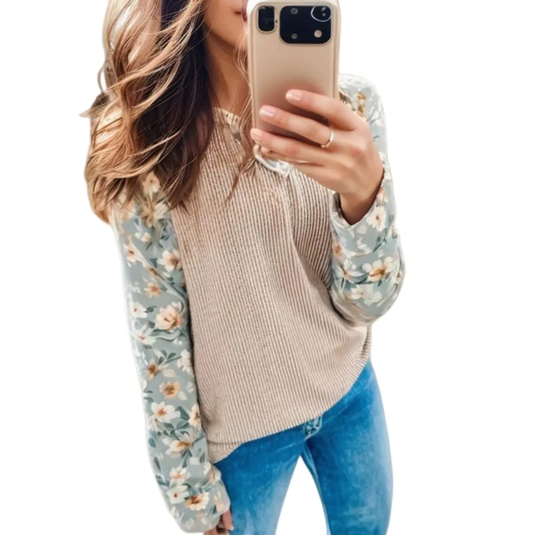 Asvivid Women's Chic Twist Ribbed Textured Floral Contrast Patchwork Blouse - Casual Long Raglan Sleeve V-Neck Top for Spring, Fall, Workout, Easy to Match with Skinny Jeans Denim Outfits