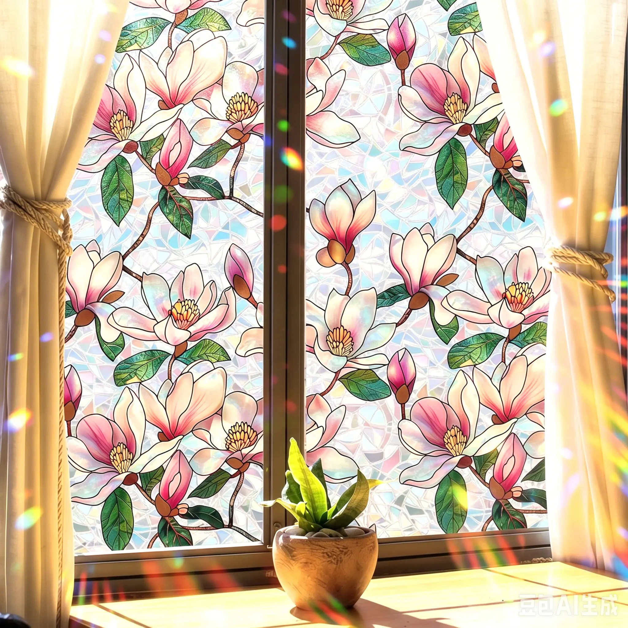 Decorative Rainbow Effect Stained Glass Window Film - Privacy Cover, Anti-UV Flower Motif Room Decor Stickers, 17.7" x 39.4" for Home