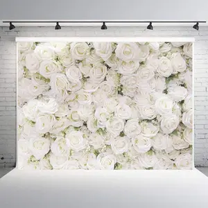 White Rose Floral Backdrop Romantic Style Polyester Fabric Photography Background Wrinkle Resistant HD Print Wedding Party Decor Photo Booth