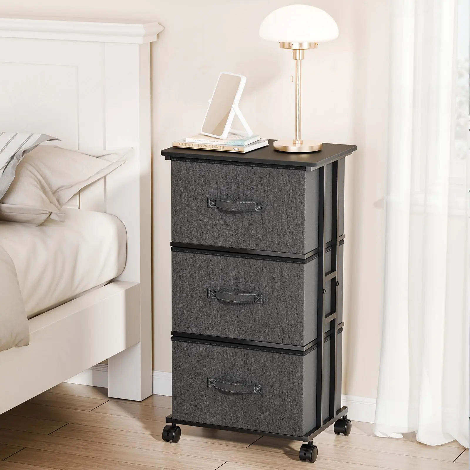 3 Drawer Rolling Storage Organizer with Wheels, Modern Fabric Dresser for Bedroom, Closet and Nursery, Mobile Storage Cabinet with Removable Fabric Drawers, Space Saving Storage Solution for Small Spaces, Apartment and Dorm Room