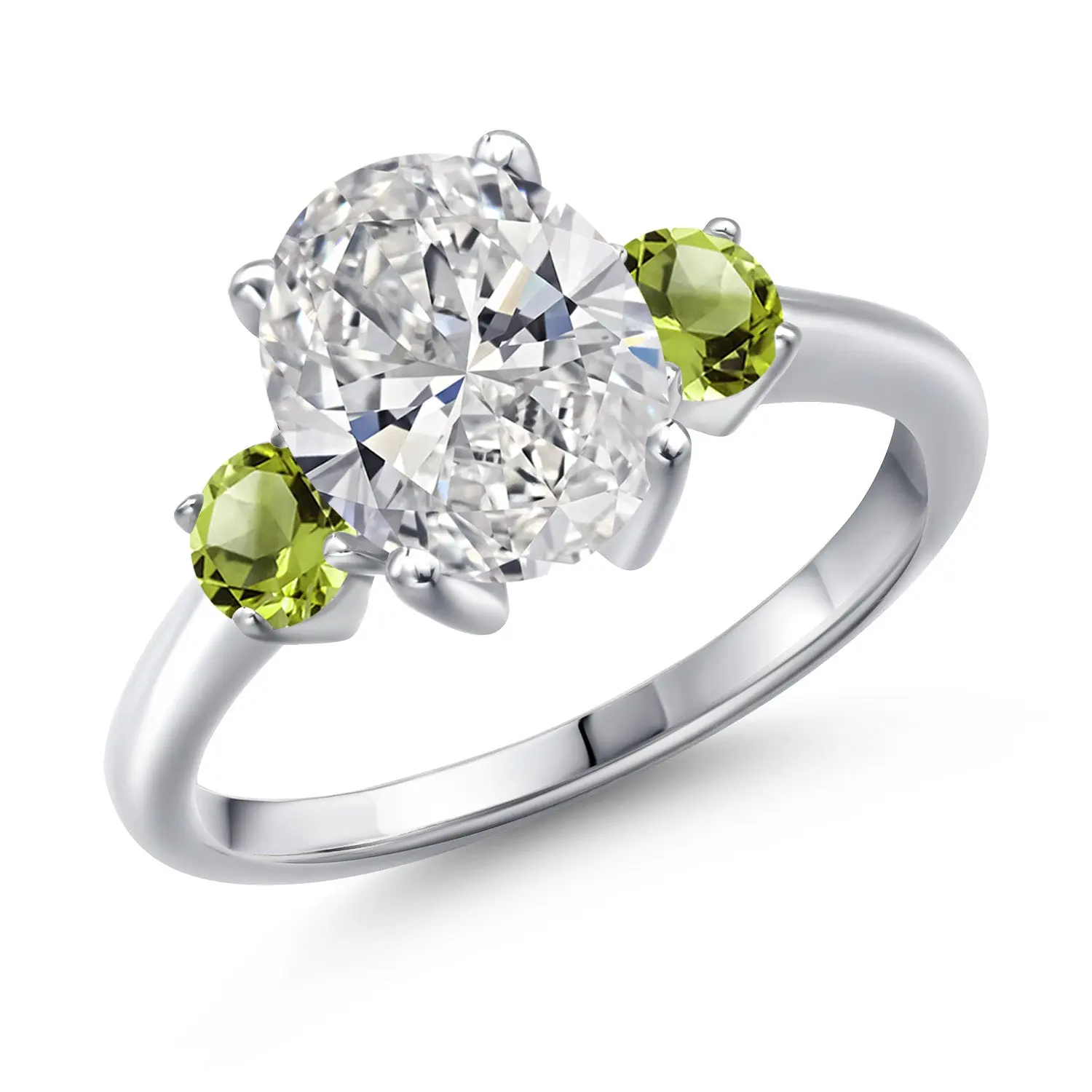 2.60 cttw IGI Certified Lab Grown Diamond and Green Peridot 3-Stone Engagement Ring For Women | 925 Sterling Silver | Center 2.00 Ct Diamond | E-F Color | VS1-VS2 Clarity