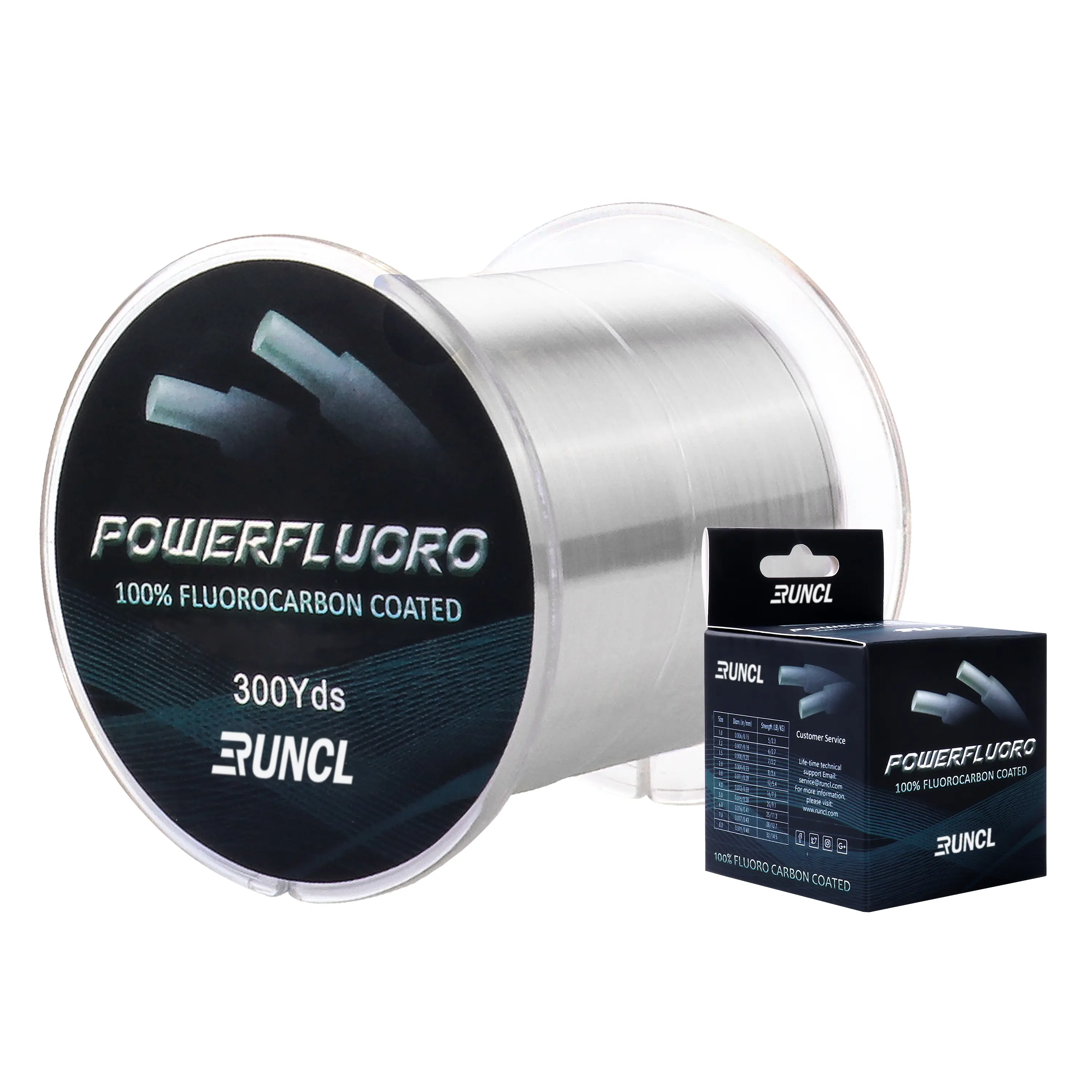 RUNCL Fluorocarbon Fishing Line, PowerFluoro Clear Ice Fishing Leader Line - Virtually Invisible, Faster Sinking, Extra Sensitivity, 300yds, 5-32lb Break Strength, PE Material, Fishing Gifts, RUNCL