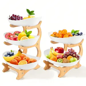 2/3-Tier Fruit Basket with Wooden Stand - Kitchen Organizer for Fruits & Vegetables,Home decor,fruit basket for kitchen counter,Large-Capacity Layered Fruit Basket ,European-Style Dried Fruit Tray, Bamboo Wooden Rack Household Snack Tray ,Candy Tray