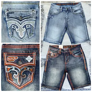 Men’s Western Denim Shorts Embroidered Pocket Cowboy Style Y2K Streetwear Slim Fit Jean Shorts High Quality, Rock Revival for Men, Western Jeans, Cowboys Jeans, Western Outfit