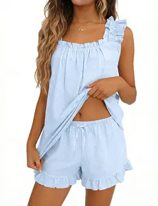 SWOMOG Women Pajama Sets 2 Pcs Ruffle Pjs Bridal Pajamas for Women Sleepwear Set with Tank Tops and Shorts
