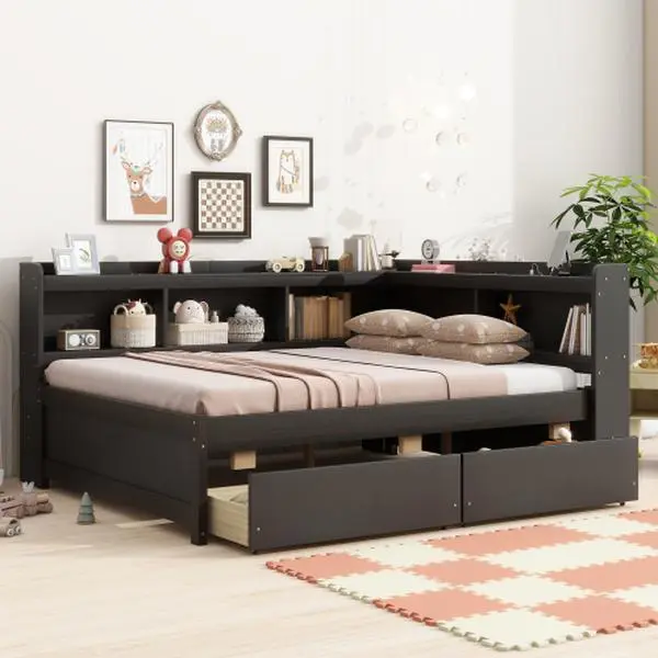 【Bellemave】Full Size L-shaped Bookcases Bed with Power Outlets, USB Charging Ports,Two Drawers