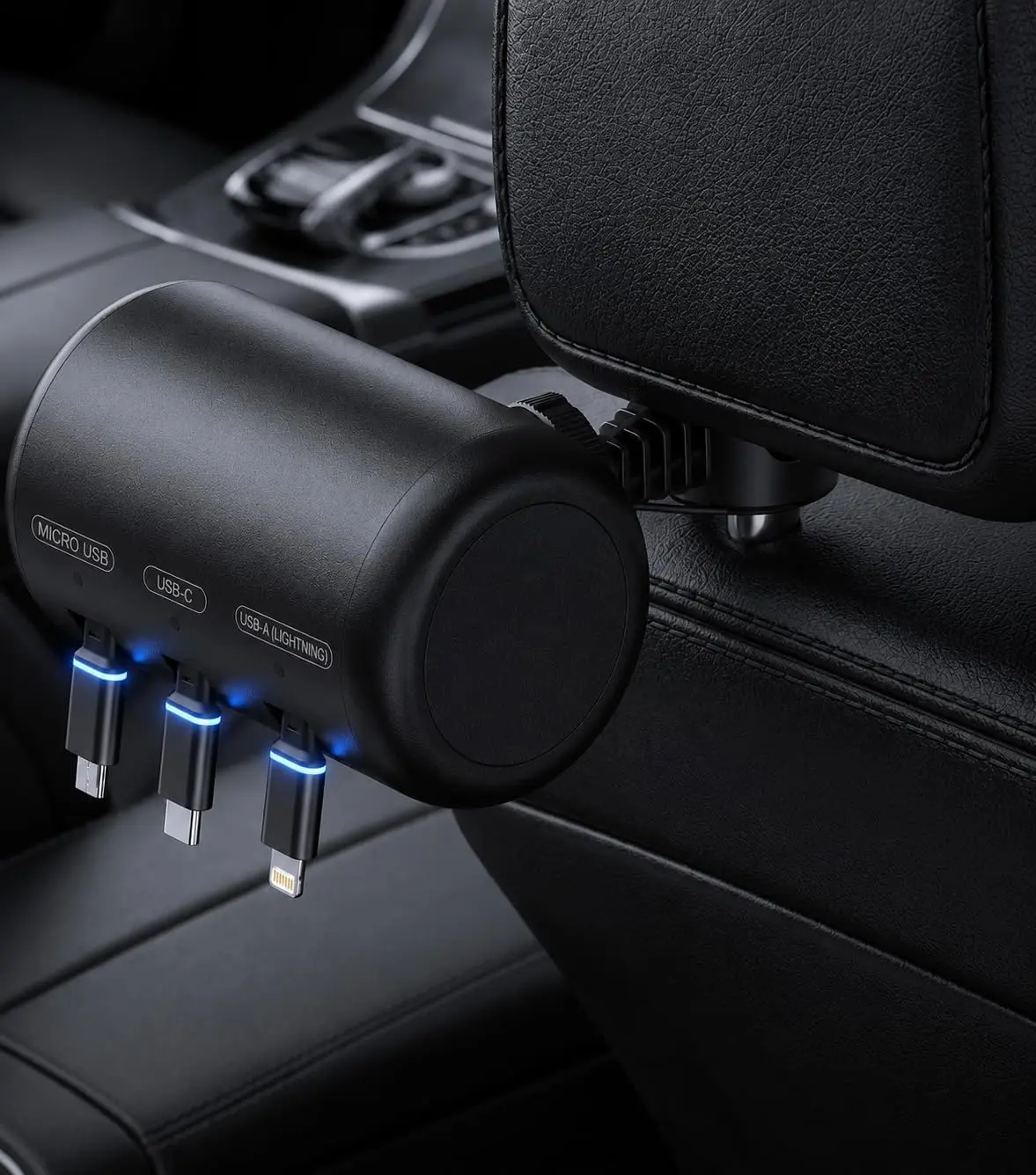Retractable Car Backseat Charger–3-in-1 Car Backseat Charging Station, Rideshare & Private Car Essential, Fast Charge, 360° Rotating Headrest Mount – Universal USB-C/Lightning/Micro-USB for All phones
