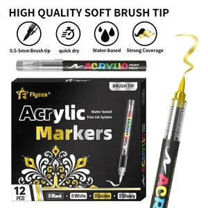 12 Pack Liquid Acrylic Pigment Marker Pen, Silver Color, Felt Tip, Paint Marker, Brush Tip Markers, Stationery Supplies, Art Supplies