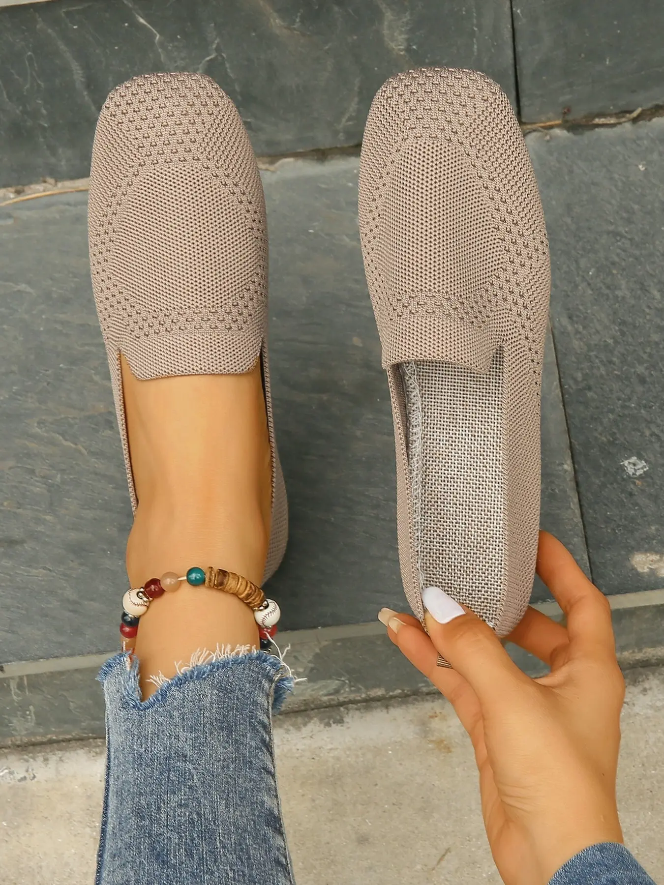 Women's Square Toe Slip-On Flats, Soft Breathable Fabric, Elastic Back Strap, Casual Spring & Fall Walking Shoes, Fashion Knit Loafers, Classic Casual Shoes