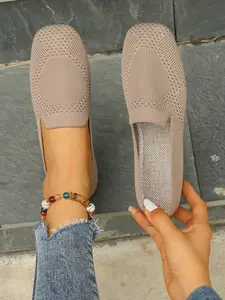 Women's Square Toe Slip-On Flats, Soft Breathable Fabric, Elastic Back Strap, Casual Spring & Fall Walking Shoes, Fashion Knit Loafers