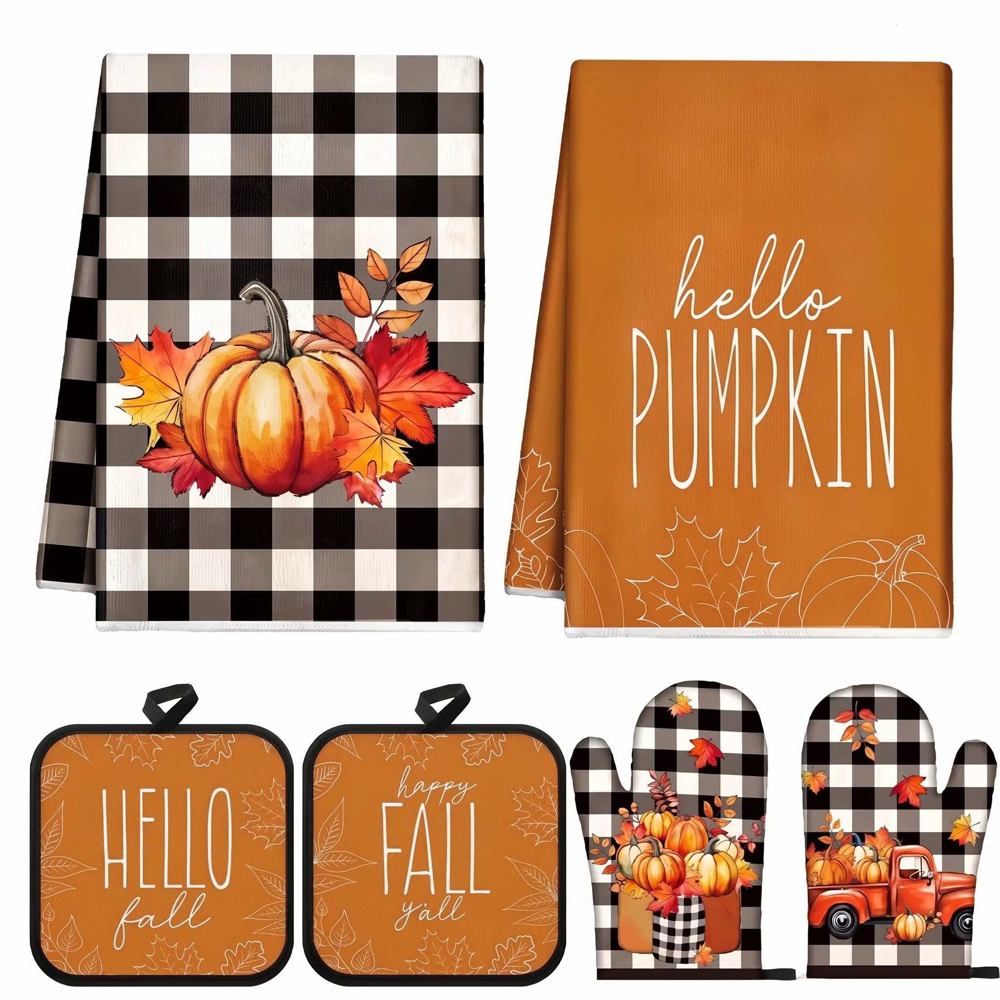 6 Pcs Fall Kitchen Decor Bakeware Set Include 2 Buffalo Plaid Oven Mitts & 2 Heat Resistant Pot Holders & 2 Pumpkin Microfiber Dish Towels for Cooking Baking Autumn Harvest Thanksgiving Party Favors Supplies Pumpkin kitchen Set Autumn Farmhouse Decor