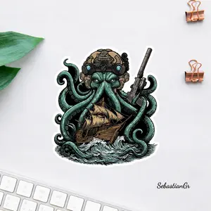 Tactical Kraken Sticker, Military Octopus Decal, Armed Sea Monster Art, Nautical Horror Graphic, Pirate Ship Attack Illustration