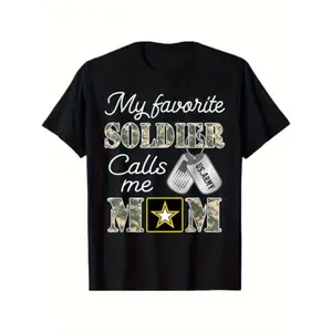 Funny Military Mom T-Shirt - "My Favorite Soldier Calls Me MOM" Camo & Star Dog Tag Graphic Tee, Breathable Black Shirt for Women & Men, Durable Casual Round Neck Short Sleeve Top for Moms, Graduation Gift, PLUS SIZE