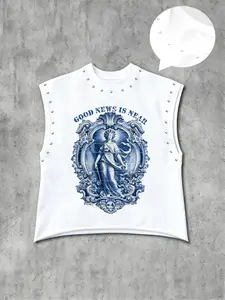 Men's Casual Vest, Vintage Blue Goddess Print + Personalized Slogan Print, Retro and Trendy, Fashion Versatile, Regular Fit, Vest Tank Top