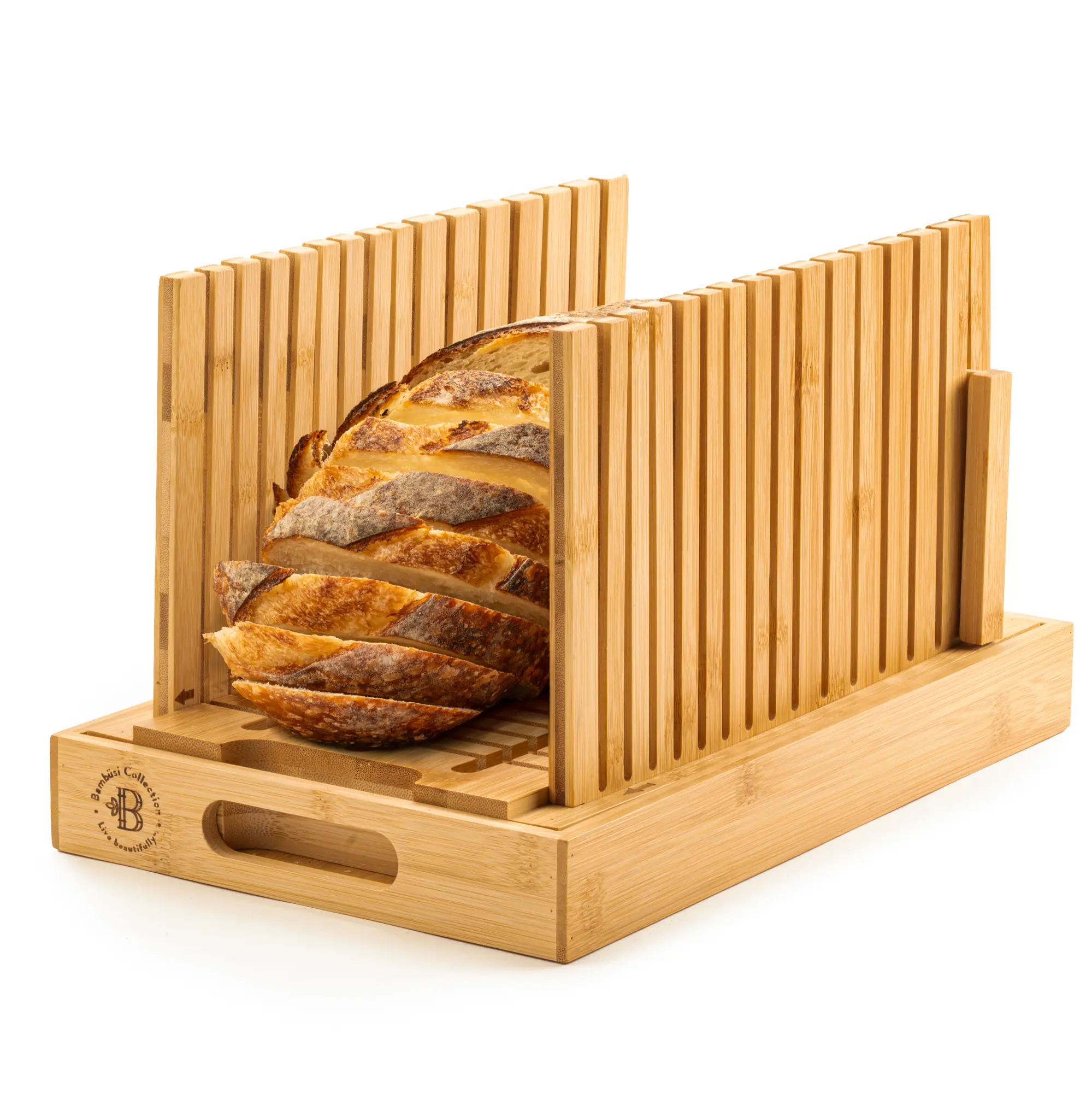 Bread Slicer with Crumb Tray - Adjustable Foldable Bamboo Bread Cutter with Non-Slip Base - For Homemade Bread, Loaves, Cakes & Baguettes - Perfect Gift For Home Bakers