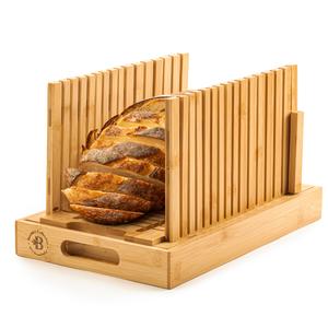 Bread Slicer with Crumb Tray - Adjustable Foldable Bamboo Bread Cutter with Non-Slip Base - For Homemade Bread, Loaves, Cakes & Baguettes - Perfect Gift For Home Bakers