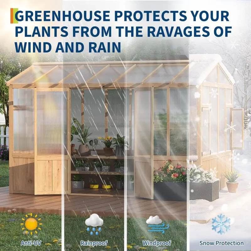 Heavy Duty 8X12 FT Wooden Walk-in Greenhouse Kit for Outdoor Use with 6mm Polycarbonate Panels, Ventilated Window, and Lockable Door - Ideal for Backyard, Patio, Lawn