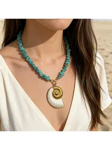 Fashionable and unique ocean-style stainless steel exaggerated conch pendant necklace, casual and sophisticated accessory