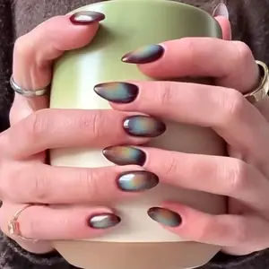 Mint Chocolate Blue Brown Aurora Ombre Gel Glossy Press On Nails Stiletto Fake Nails