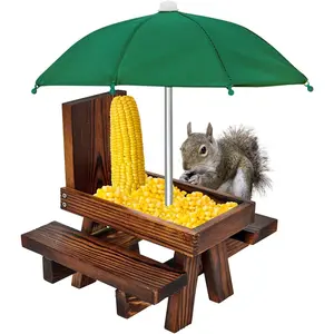 VASGOR Squirrel Feeder Table with Umbrella, Wooden Squirrel Picnic Table, Durable, Corn Cob, Solid Structure and 2 x Thick Benches, Stable, 8.3 x 7 x 8 Inches (1)