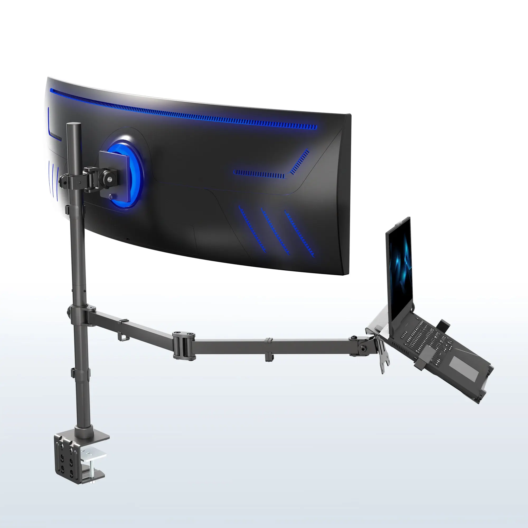Single Monitor + Single Laptop Desk Mount - Up to 49" Screens, 15.6" Laptops