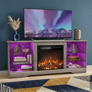 Home Living Room Electric Fireplace TV Console Stand, 58 Inch Entertainment Center with 18 Inch Fireplace Heating Function, LED Base Lights Adjustable Glass Shelves TV Cabinet Fits Max 65 Inch Television