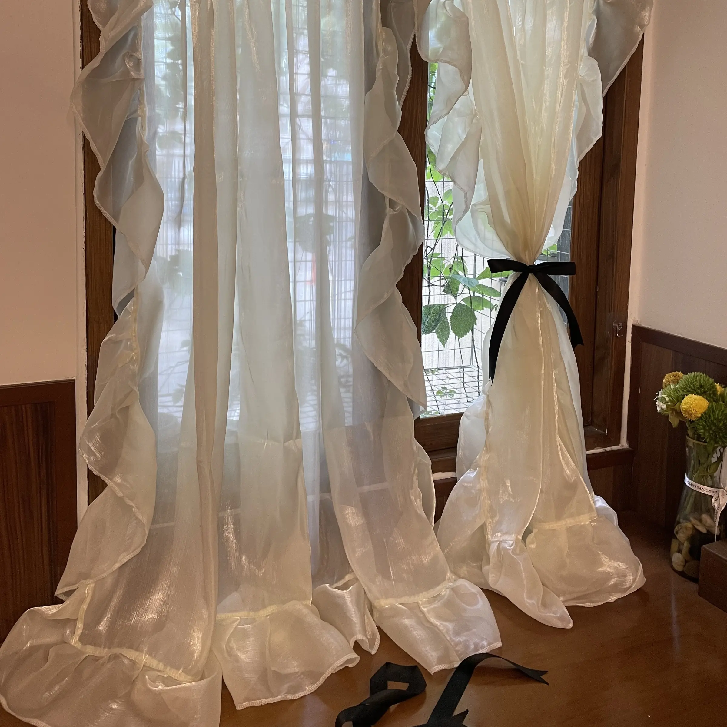 Silk Velvet Drapes with French Piped Hem, Light Translucent Voile Curtains for Bedroom Balcony Windows, Elegant Rokoko Style Window Treatments, Home Decoration Curtain, Upgrade Curtain, Home Decorative Curtain