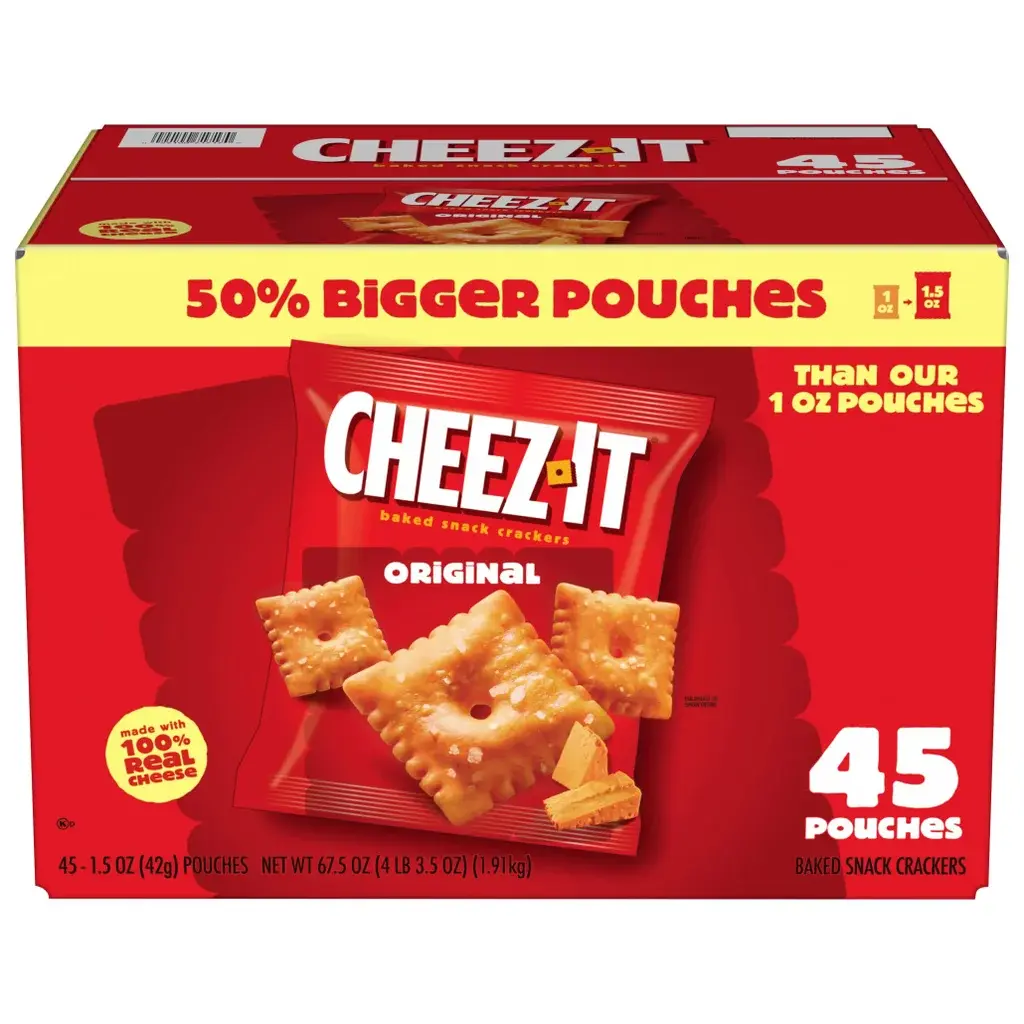 Cheez-It Crackers, Cheddar Original Flavor, 100% Real Cheese, 1.5 oz pouch, 45-count Cheez-It Crackers, Cheddar Original Flavor, 100% Real Cheese, 1.5 oz pouch, 45-count