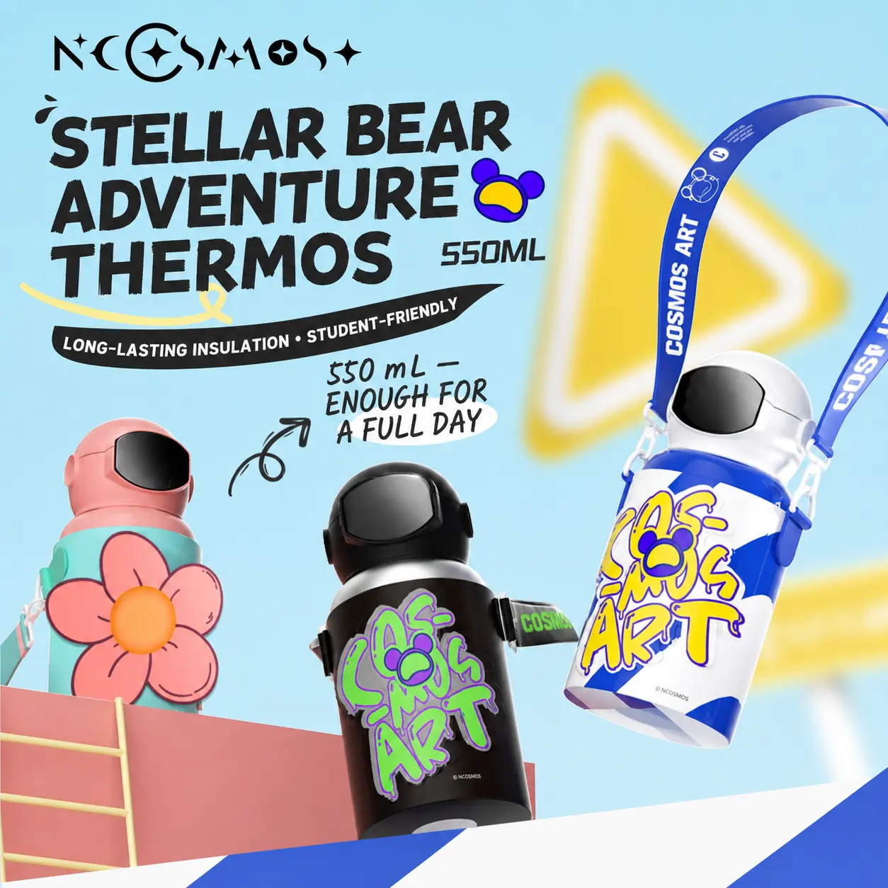 COSMOS Bear Insulated Water Bottle with Straw & Carry Strap, Large Capacity Portable Tumbler for School, Travel & Everyday Use