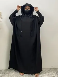 Women's Solid Color Batwing Sleeve Drawstring Hooded Dress, Casual Shirred Cuff Long Sleeve Dress for Spring & Fall, Women's Islamic Clothing for Daily Wear