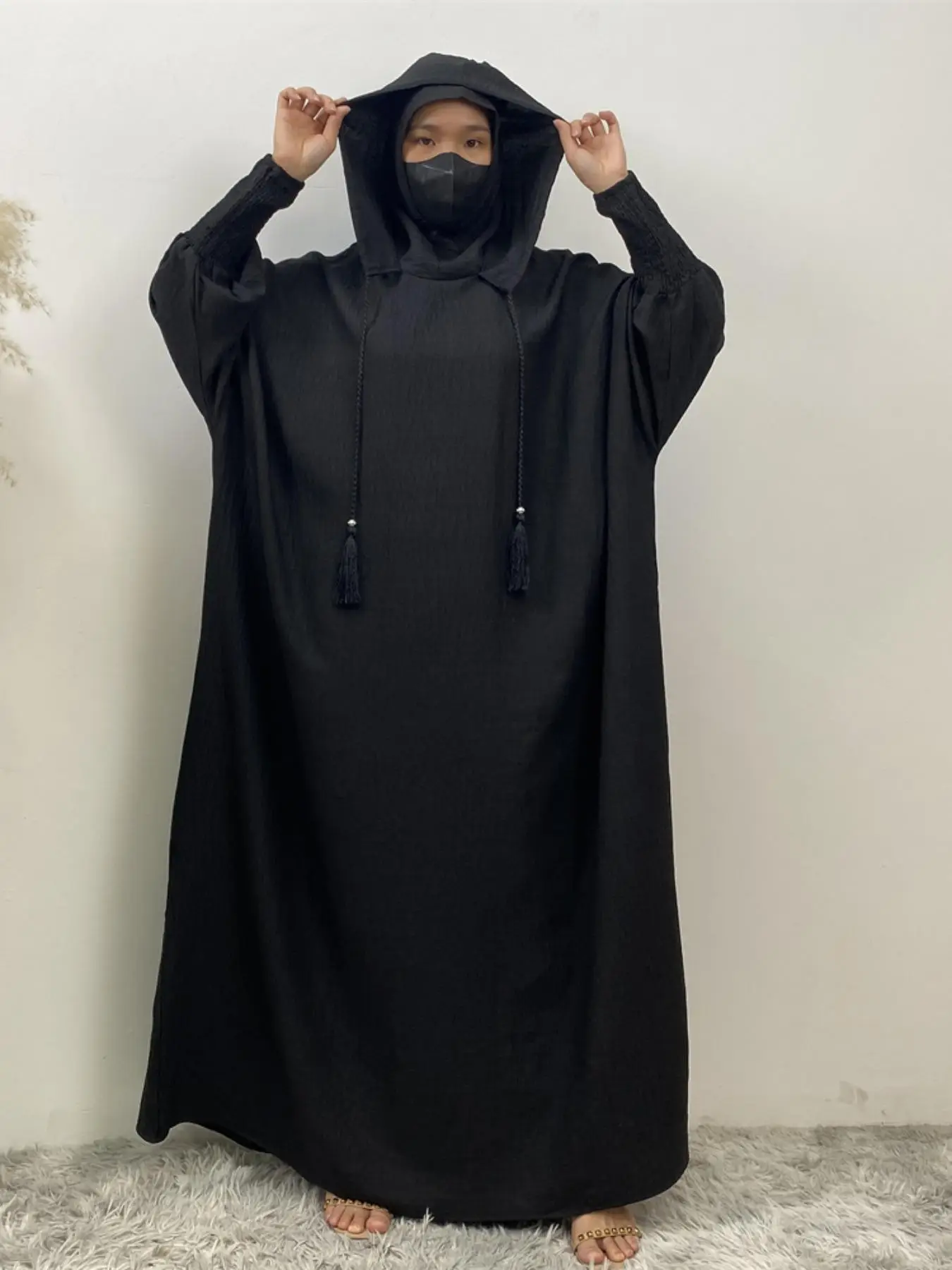 Women's Solid Color Batwing Sleeve Drawstring Hooded Dress, Casual Shirred Cuff Long Sleeve Dress for Spring & Fall, Women's Islamic Clothing for Dail