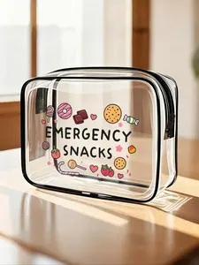"Emergency Snacks" Letter Print PVC Toiletry Bag, Zippered PVC Travel Storage Bag - Lightweight, Fade-Resistant Makeup and Toiletry Bag, Suitable for Women and Girls, TSA-Approved Portable Makeup Bag, Travel Cosmetic Bags, Makeup Pouch