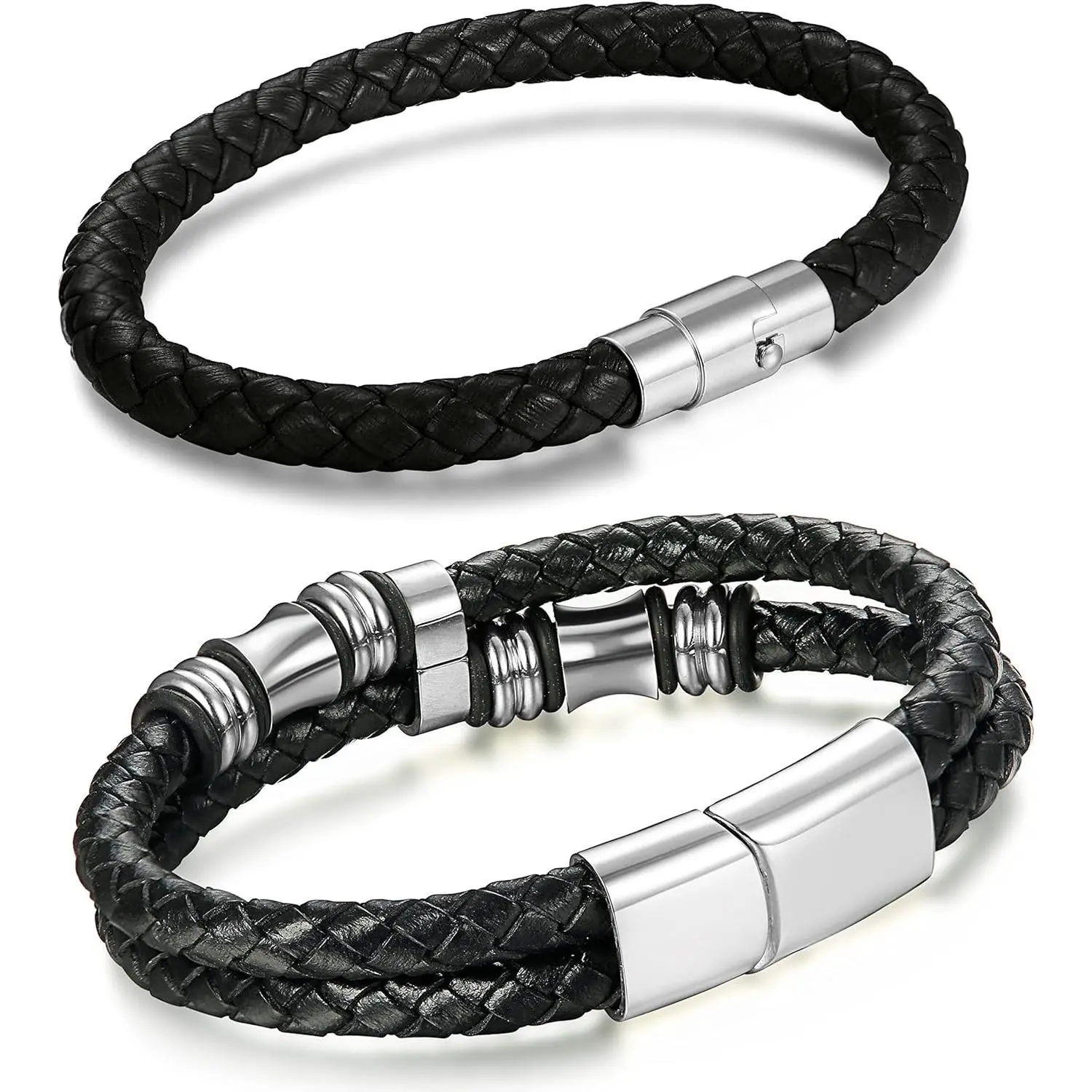 FINREZIO 2Pcs Black Leather Bracelets for Men Women Braided Leather Wristband Cuff Bracelets Set 9 inch Daily