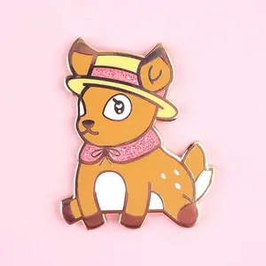 Tea Time Deer Pin, Rose Gold Plated Hard Enamel with Glitter Screenprinted Spots and Rubber Backing - Fashion Accessories, Clothes Accessories, Collar Clips & Brooches