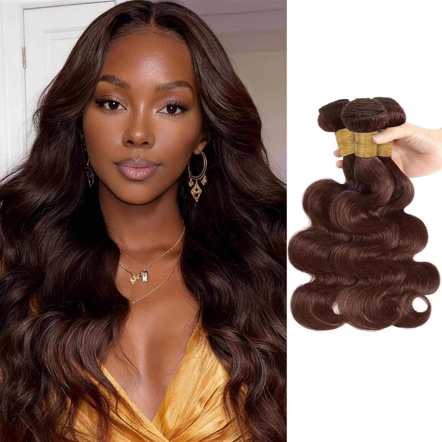 ALHER Chocolate Brown #4 Body Wave Virgin Hair Bundles, 12A Double Weft Extensions for Volume Bounce with Full & Thick Ends, Soft Wavy Texture for Black Women, 3-6 Pcs, 95-100G
