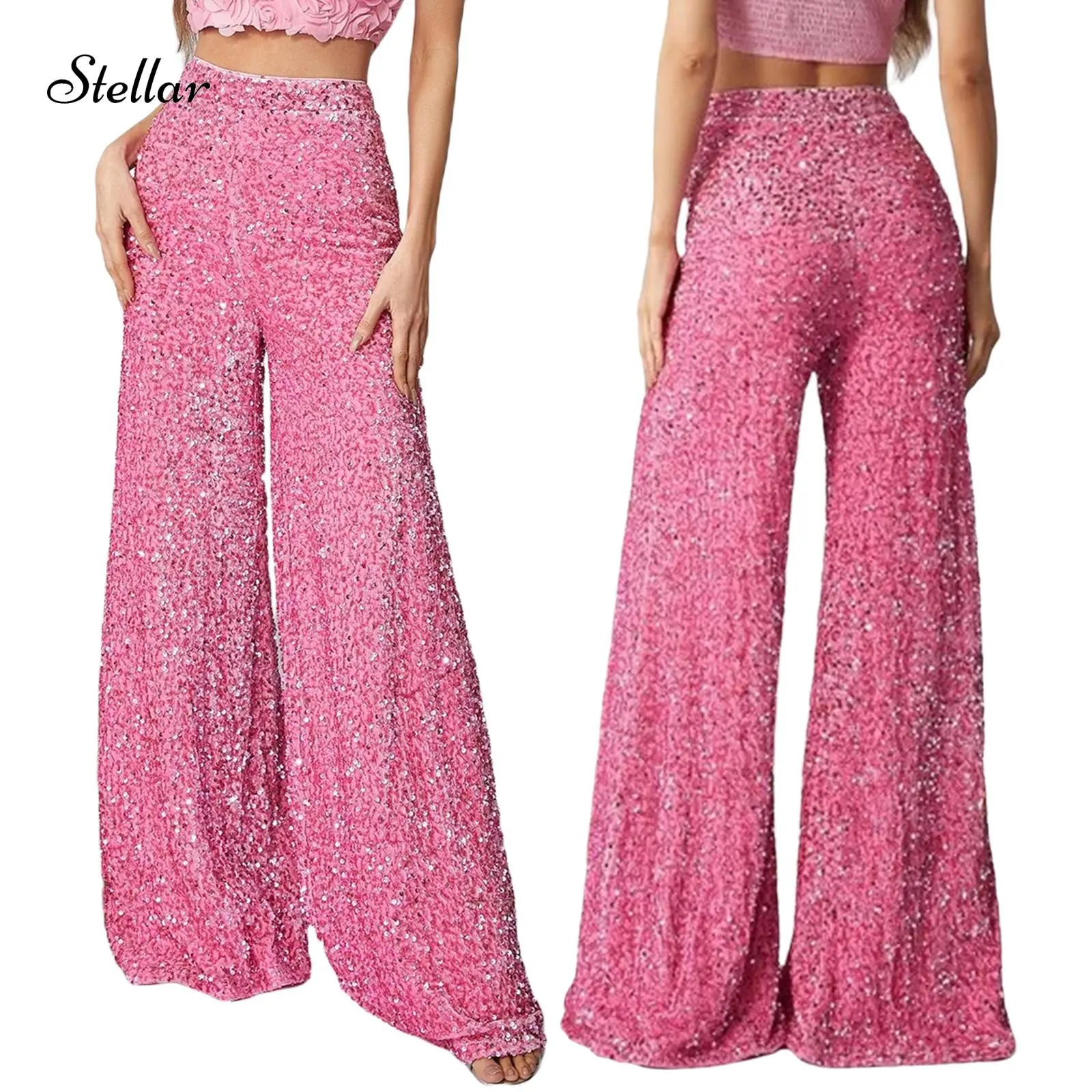 Women's Sequin Pattern High-Waisted Polyester Bottoms, Wide-Leg Trousers with Multi-Size Options for Festive Wear and Streetwear, High Waist, Party, Loose-Fitting, Glamorous Pants, Wide-Leg Cut, Leg Pants, Sequins
