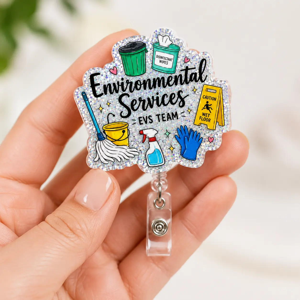 Environmental Services Badge Reel, Glitter Retractable ID Badge Holder, Cute Acrylic Badge Clip for EVS Team, Housekeeping, Hospital & Healthcare Workers