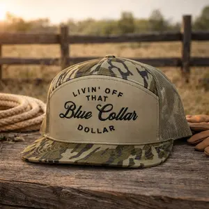 Livin' Off That Blue Collar Dollar Embroidered Trucker Hat - Unique Design, 7 Panel Bottomland/ Brackish and White/ Duck Camo Snapback