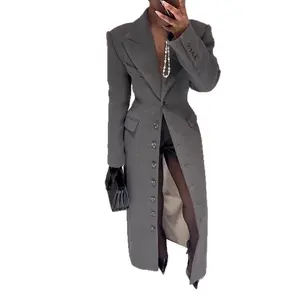 2025 Autumn European American Style Women's New Single Breasted Gray Fashion Long Trench Coat with Asymmetrical Hem for Modern Look