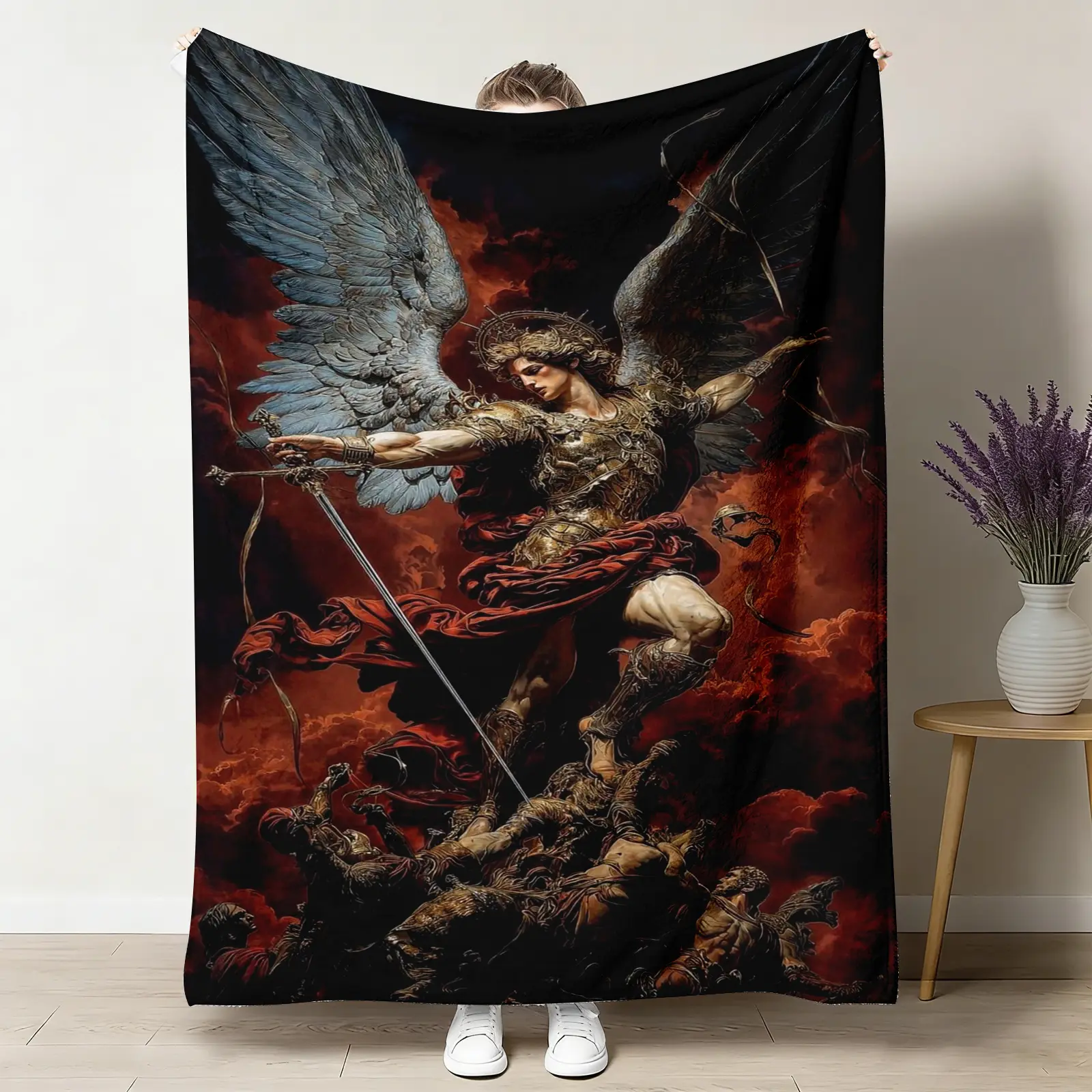 Archangel Michael Flannel Throw Blanket, Gothic Oil Painting Angel Art Throw, Soft Cozy Warm, Sword-Slaying Demon Red Cloud Design, Catholic Warrior Gift for Him, Dark Epic Altar Prayer Corner Decor, Angel Art Throws