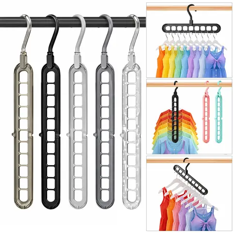 5-Pack Foldable High-Tenacity Durable Plastic Multifunctional Hangers - Home Organizers with 360° Rotatable Hooks, 9 Anti-Slip Holes, Adjustable Design, Space-Saving for Dresses, Jackets, Jumpers; Balcony, Bedroom Use, 360° Hangers & Pegs