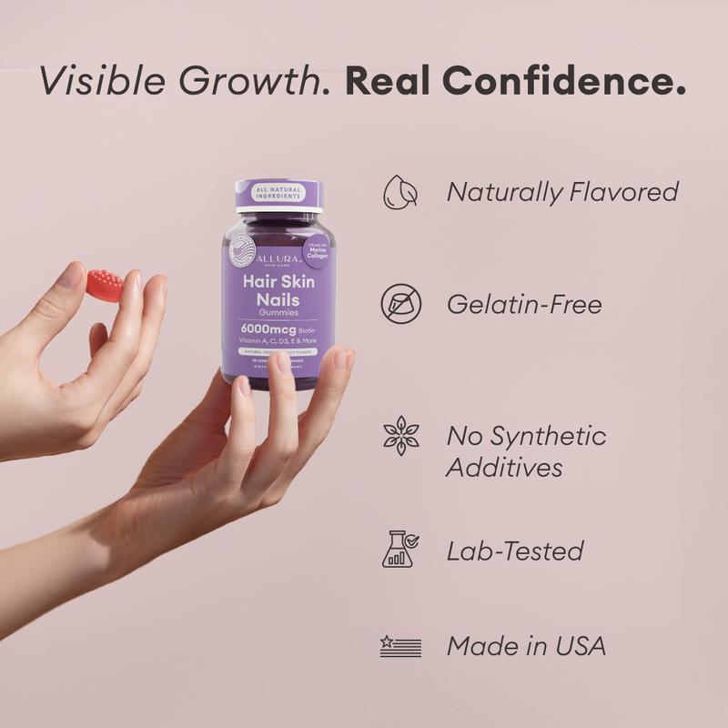 Hair Skin and Nails Vitamins for Women – Extra Strength 6000mcg Biotin Hair Gummies with Marine Collagen, Vitamin E, A, C & PABA for Hair Growth, Healthy Skin & Nails – Made in US, Passion Fruit, 60ct