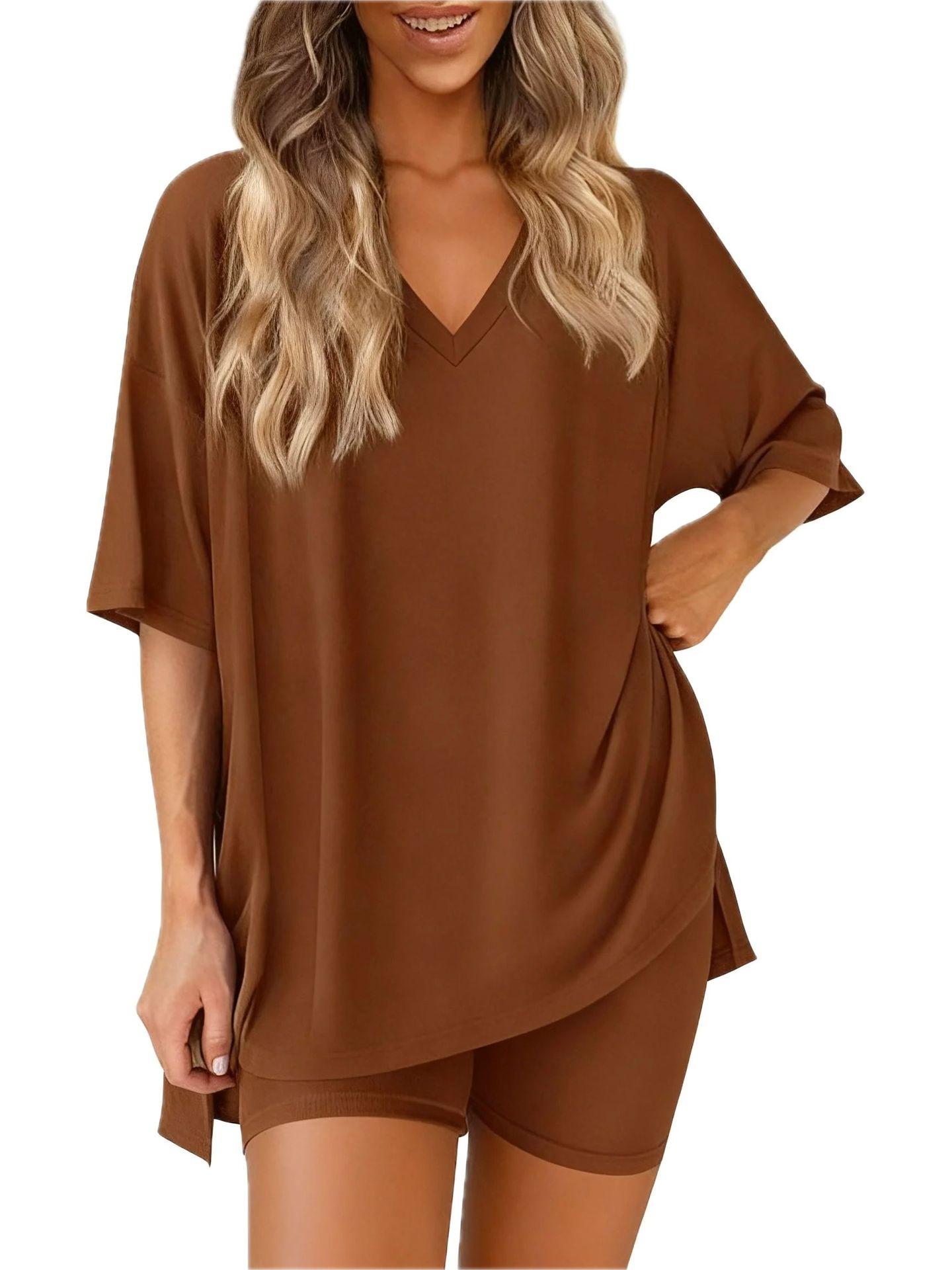 Women's 2 Piece Lounge Sets - Oversized V Neck T-Shirts & Biker Shorts, Casual Reversible Tracksuit, Lightweight Cozy Pjs for Summer