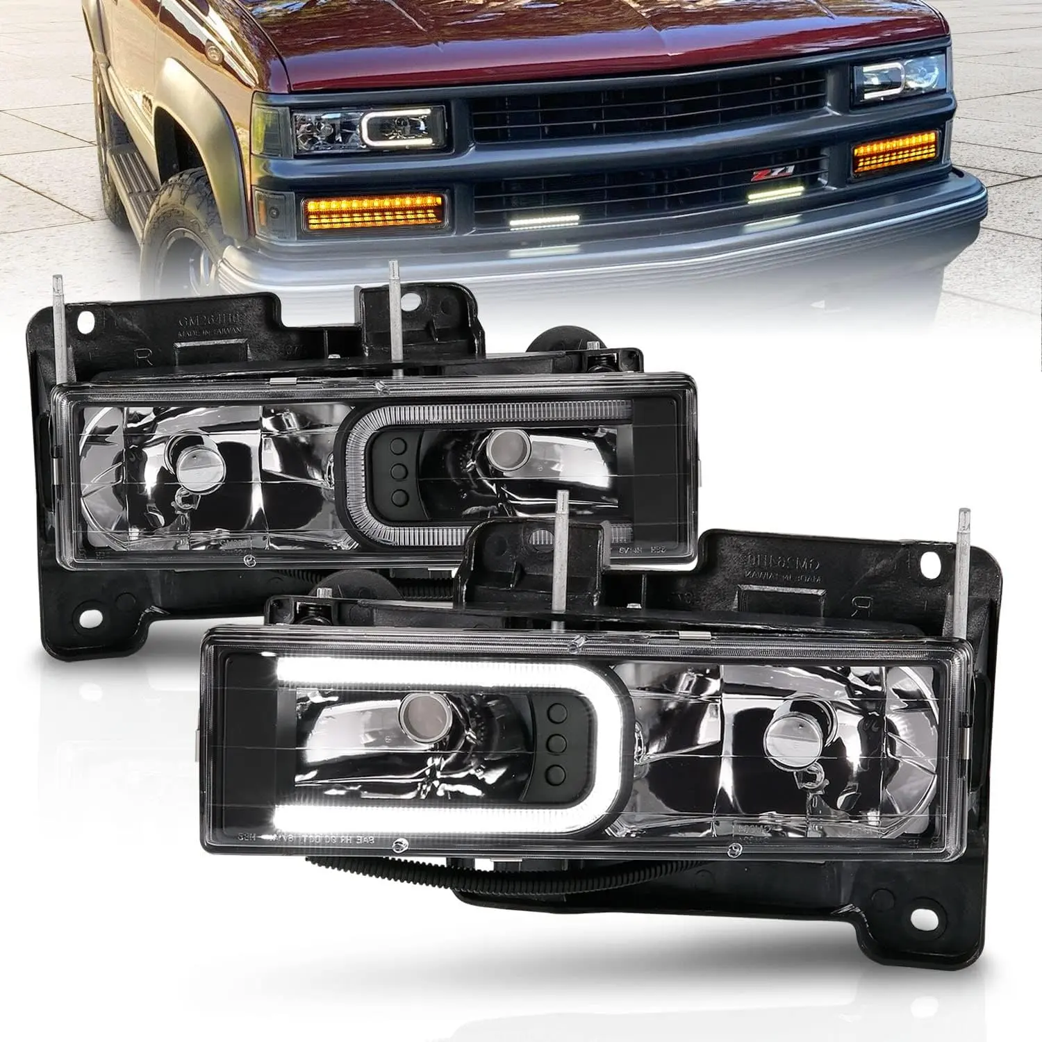 AmeriLite For Chevy C/K Tahoe Suburban SUV Fullsize Blazer GMC Yukon C-Type LED Tube Halogen Black Headlight Set - Passenger and Driver Side