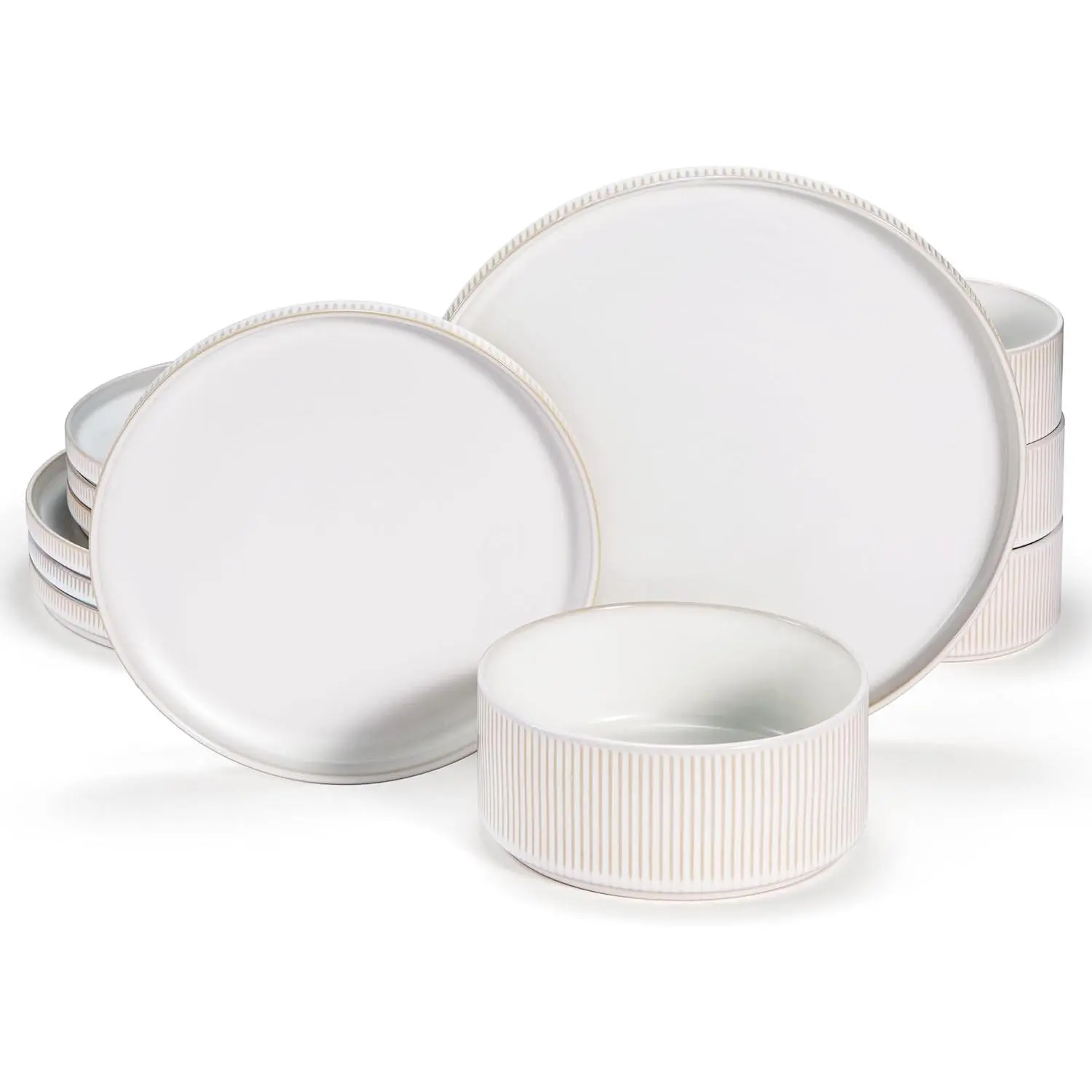 Modern Ribbed Embossed Chip Resistant Ceramic Stoneware Tableware Set - Service for 4 (12-Piece), 9.8in Dinner Plates, 8in Salad Plates, 20oz Bowls, H-Glazed Reactive Finish, Pasta-Friendly, Microwave & Dishwasher Safe (White)